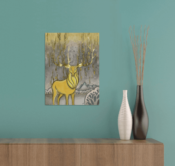 Golden deer, yellow deer on gray backgraund, gold leaf