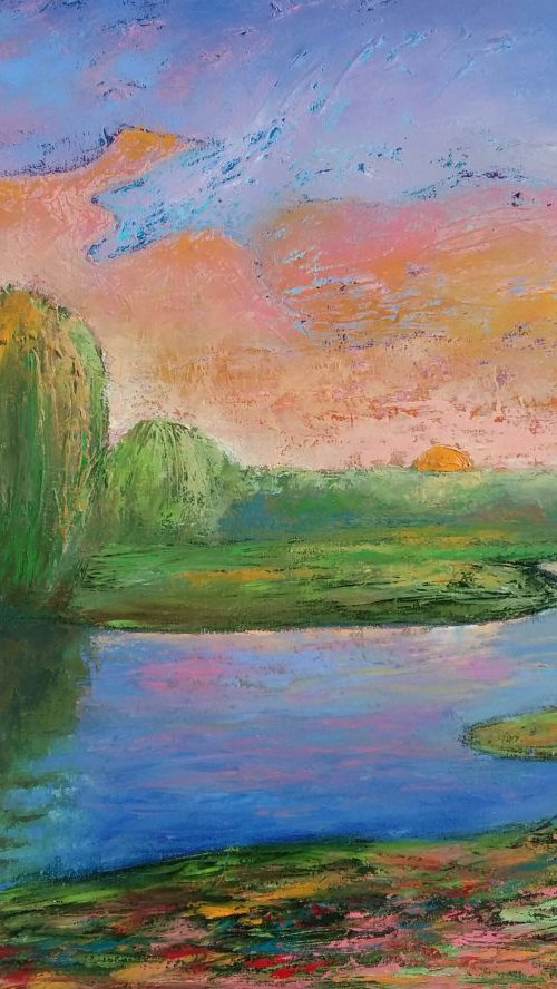 Painting Landscape Summer. Willows. Original art, 80×60 cm, FREE SHIPPING / sunset / decor / present by Larissa Uvarova
