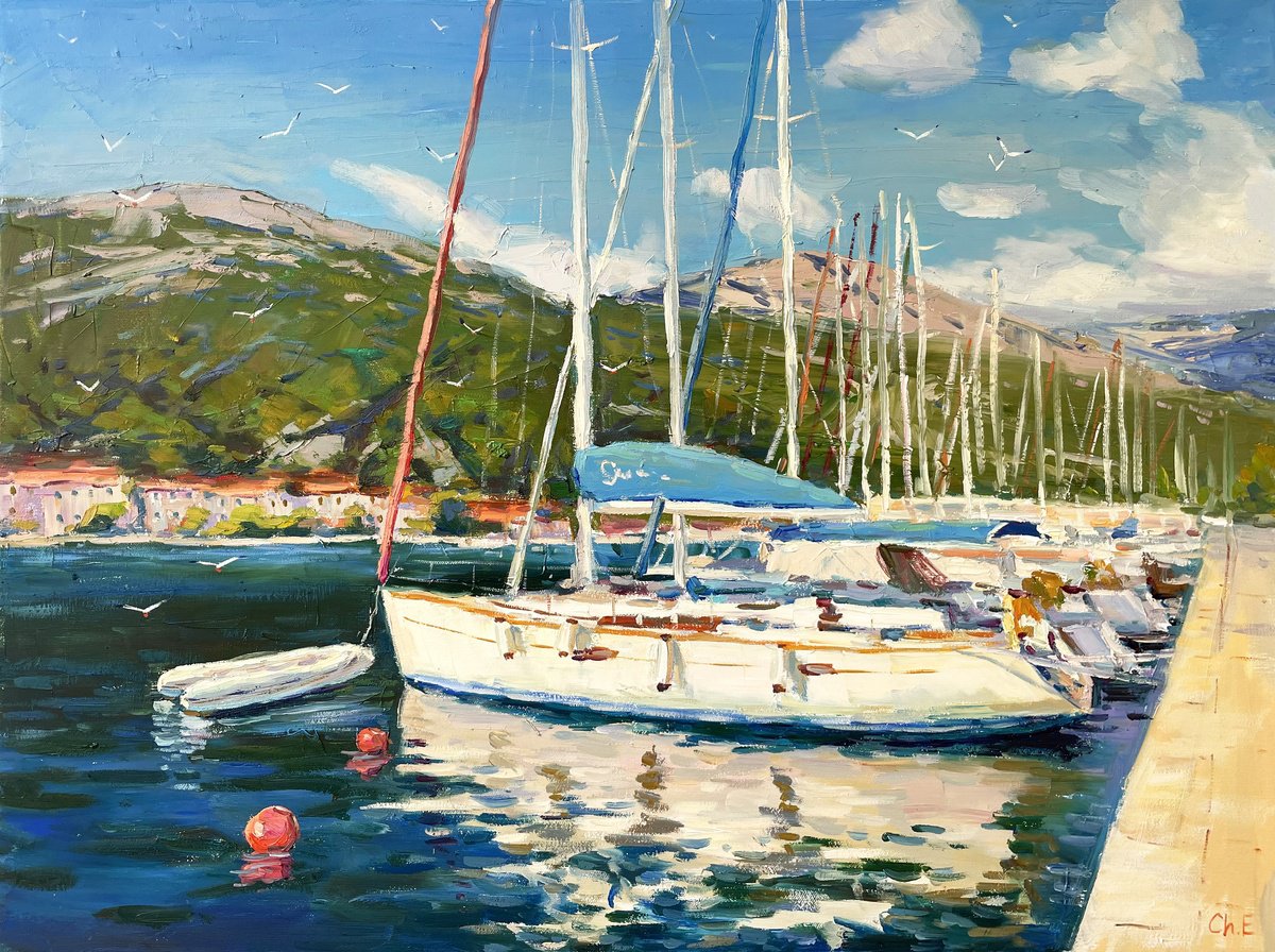 Yacht At The Pier By Evgeny Chernyakovsky, 31 X 24, Artwork For Sale On Artfinder