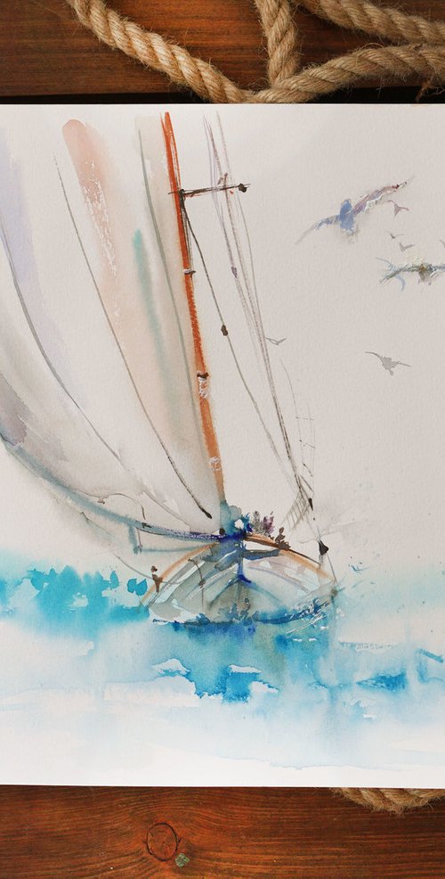 Seascape painting, watercolor art by Annet Loginova
