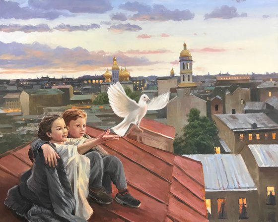 Original oil painting  "Children with a pigeon" - 100x80 cm (2022)