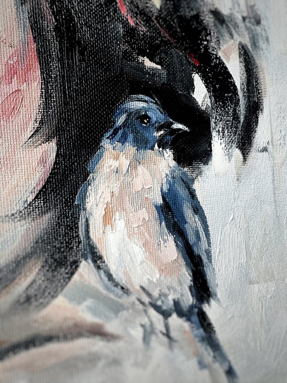 Woman with a blue jay