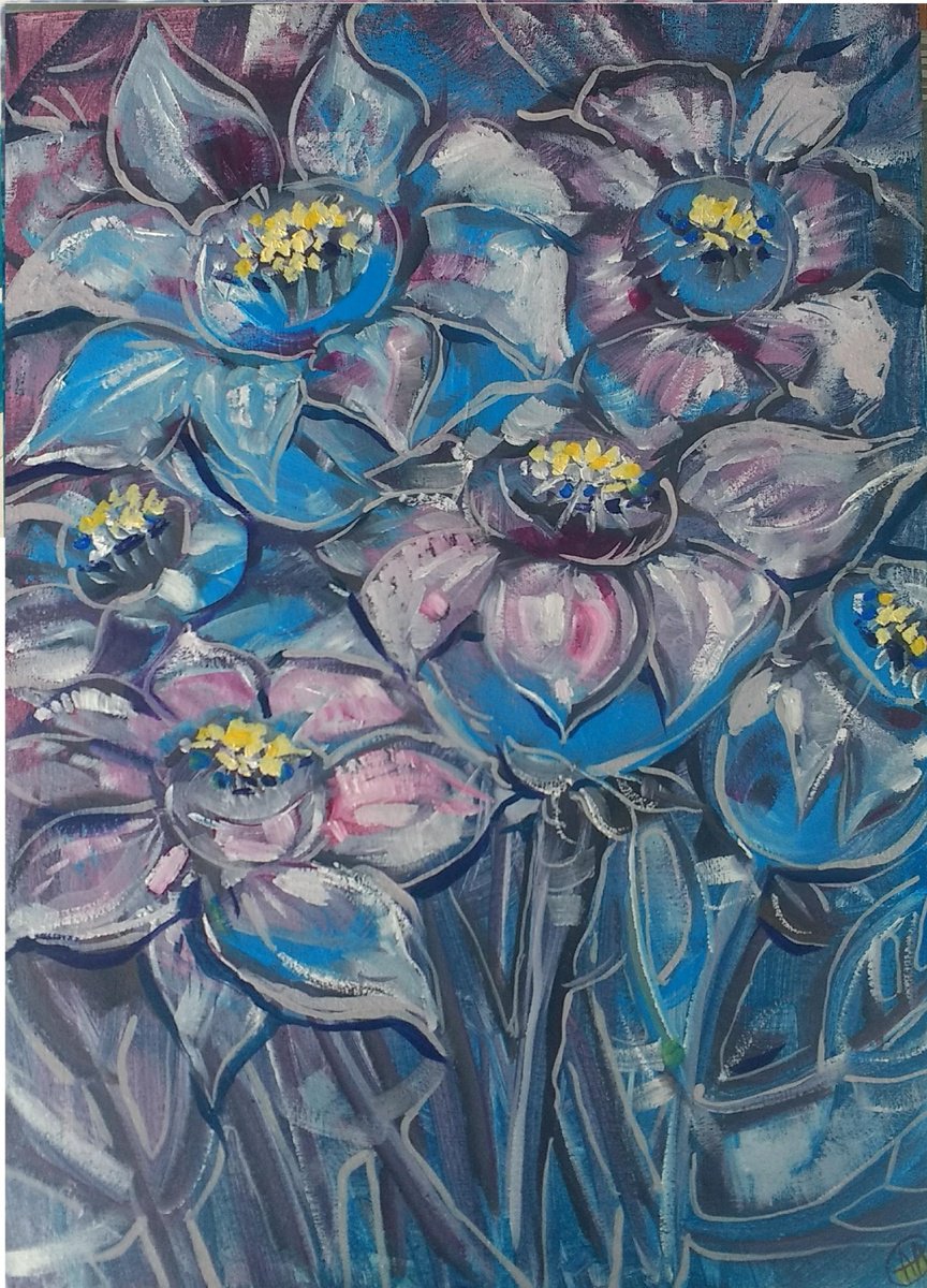 Abstract Botanical Oil Painting By Alina Skorokhod, 14 X 20, Darck Blue Night Flowers, Original Artwork