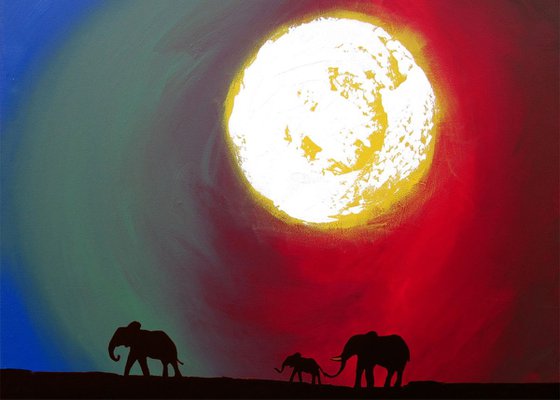 original abstract animal art print "Elephants in Rainbow Sun" africa animal artwork A3 11.69 x 16.53 "
