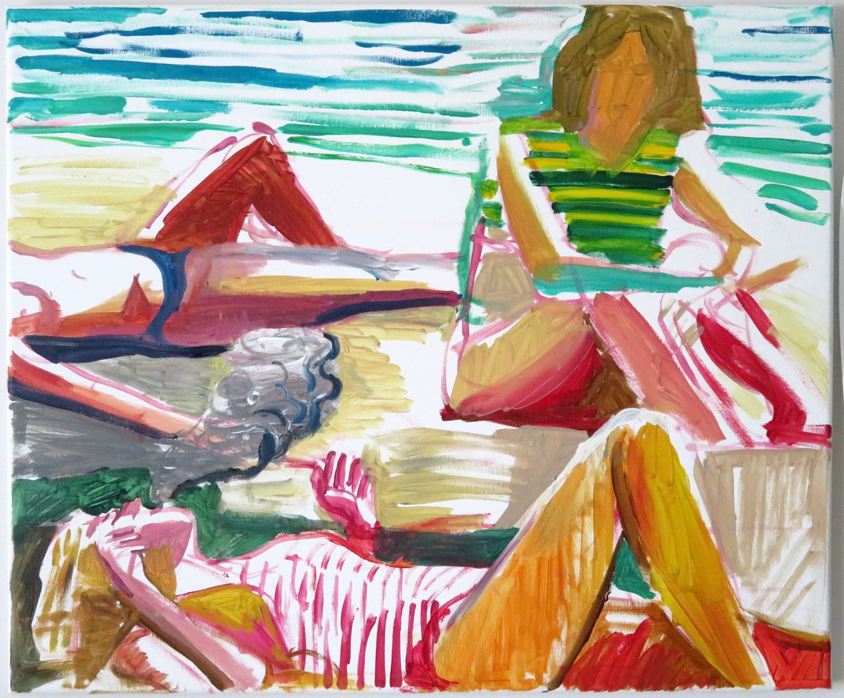 Impressionistic Landscape Acrylic Painting By Stephen Abela, 24 X 20", Bathers With Woman Smoking, Original Artwork