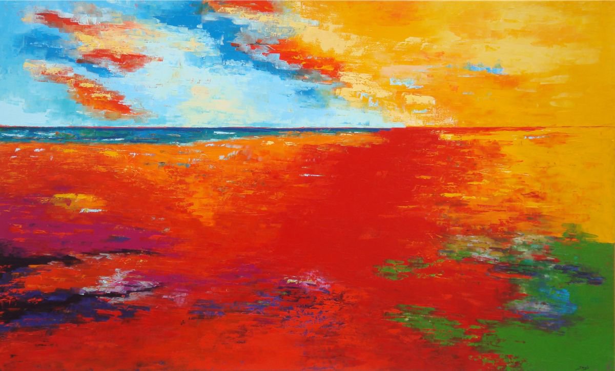 Abstract Landscape Oil Painting By Saroja Van Der Stegen, 59 X 37", Red Beach (Ref#:1213-80M), Original Artwork