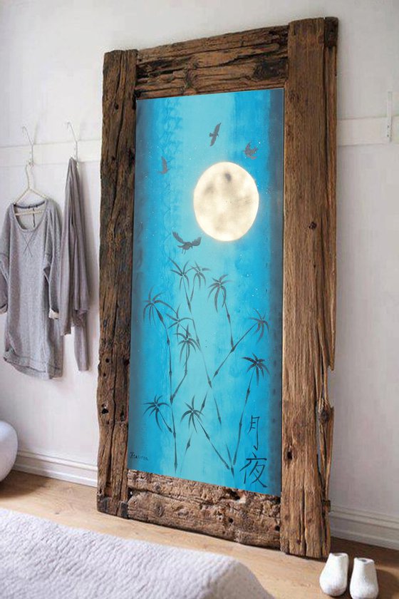 Japan Moon Night Turquoise gold painting 80×160 cm acrylic on unstretched canvas J097 art original artwork in japanese style