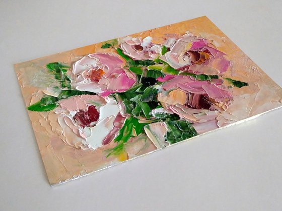 Peony Painting Original Art Pink Floral Small Artwork Bouquet Flower Wall Art