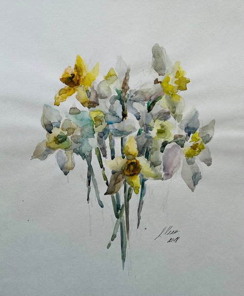 Bouquet of daffodils. Original watercolour painting on beige paper. by Elena Klyan