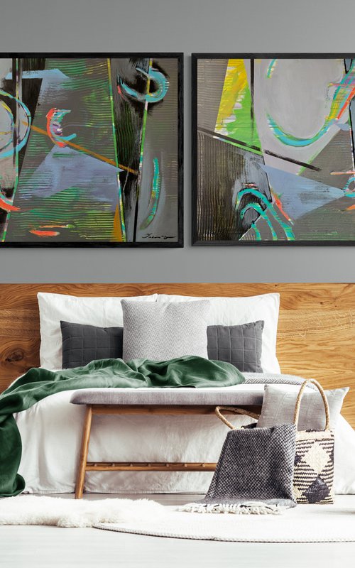 Super Big Abstract - "Space abstract" - Diptych - Geometric abstract - 90x260cm by Yaroslav Yasenev