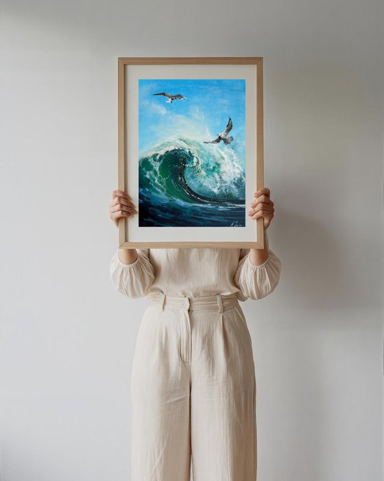Ocean Wave With Seagulls