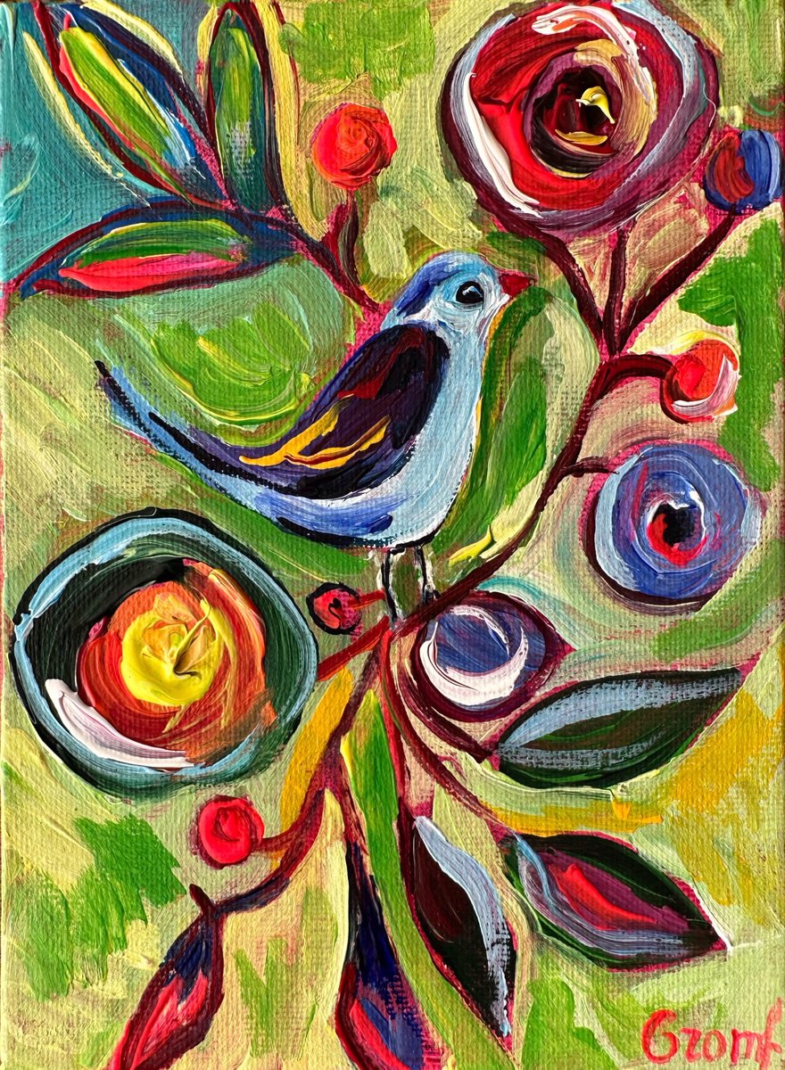 Impressionistic Botanical Acrylic Painting By Oksana Fedorova, 5 X 7", Flowers And Bird, Original Artwork