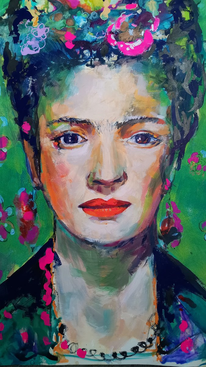 Expressive Portrait Ink Drawing By Marina Del Pozo, 17 X 24", Frida, Original Artwork