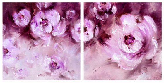 POWDER TOUCH 2 SET - Luxurious floral diptych. Pink mood. Charming panel of roses. Aroma. July. Flowerbed. Paradise place.