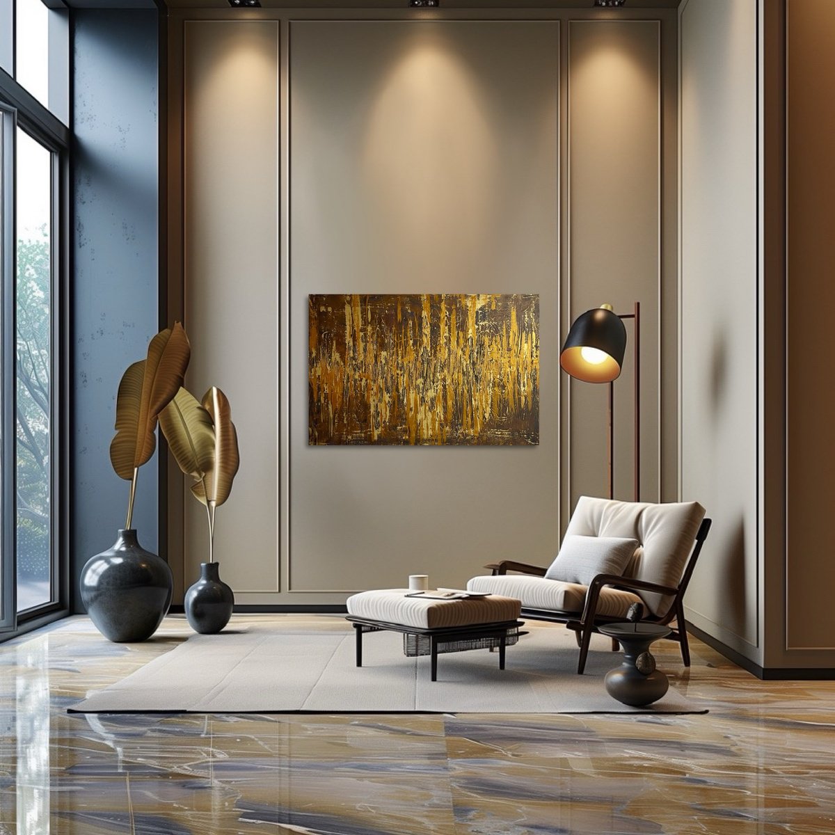 Abstract Acrylic Painting By Exclusive Arts, 35 X 24, Greengold On Brown 60X90, Original Artwork