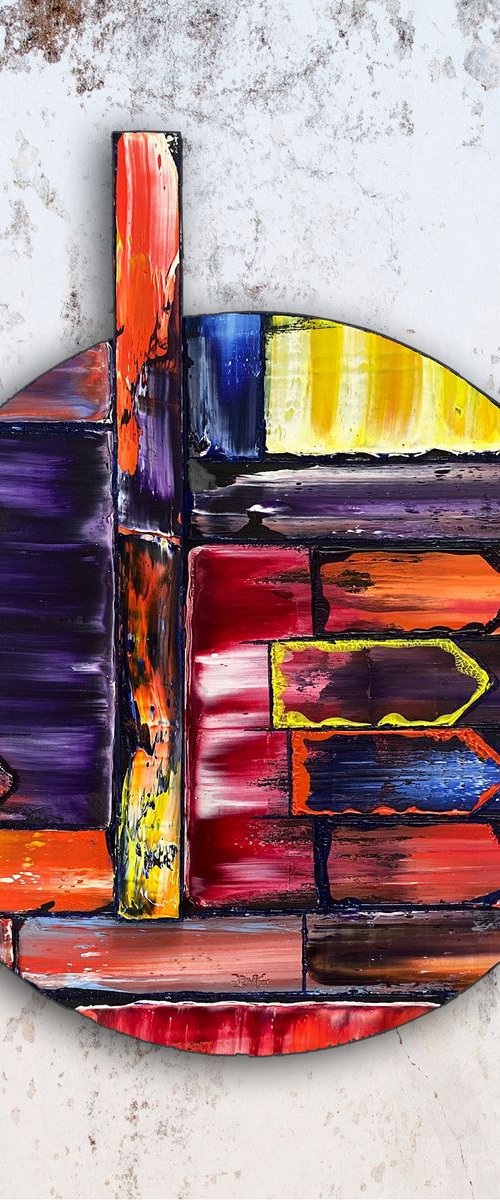 "Full Speed Ahead" - FREE USA SHIPPING - Original PMS Assemblage Sculptural Painting On Wood, Tondo - 18 x 22 inches by Preston M. Smith (PMS)