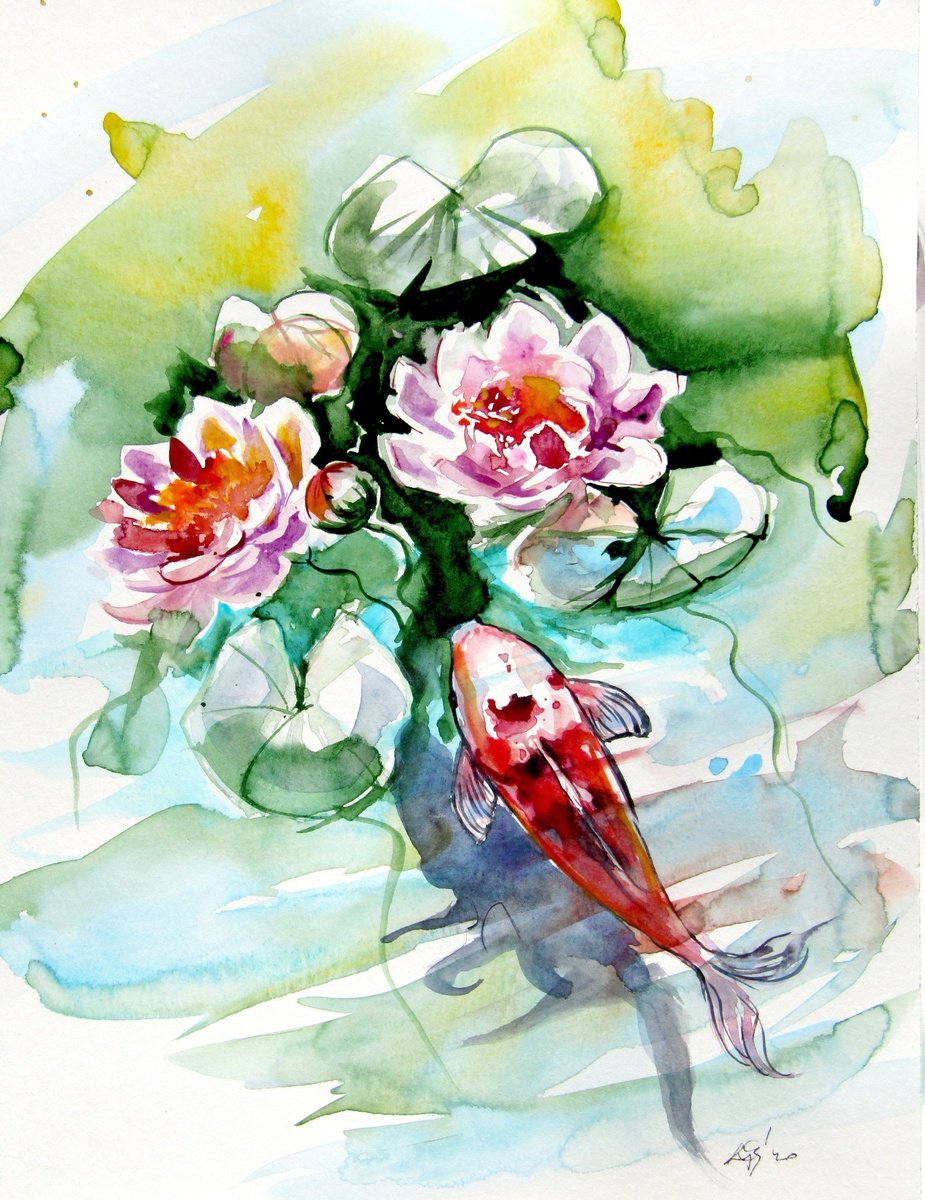 Impressionistic Animal Watercolour By Kovacs Anna Brigitta, 10 X 13", Fish With Water Lily, Original Artwork