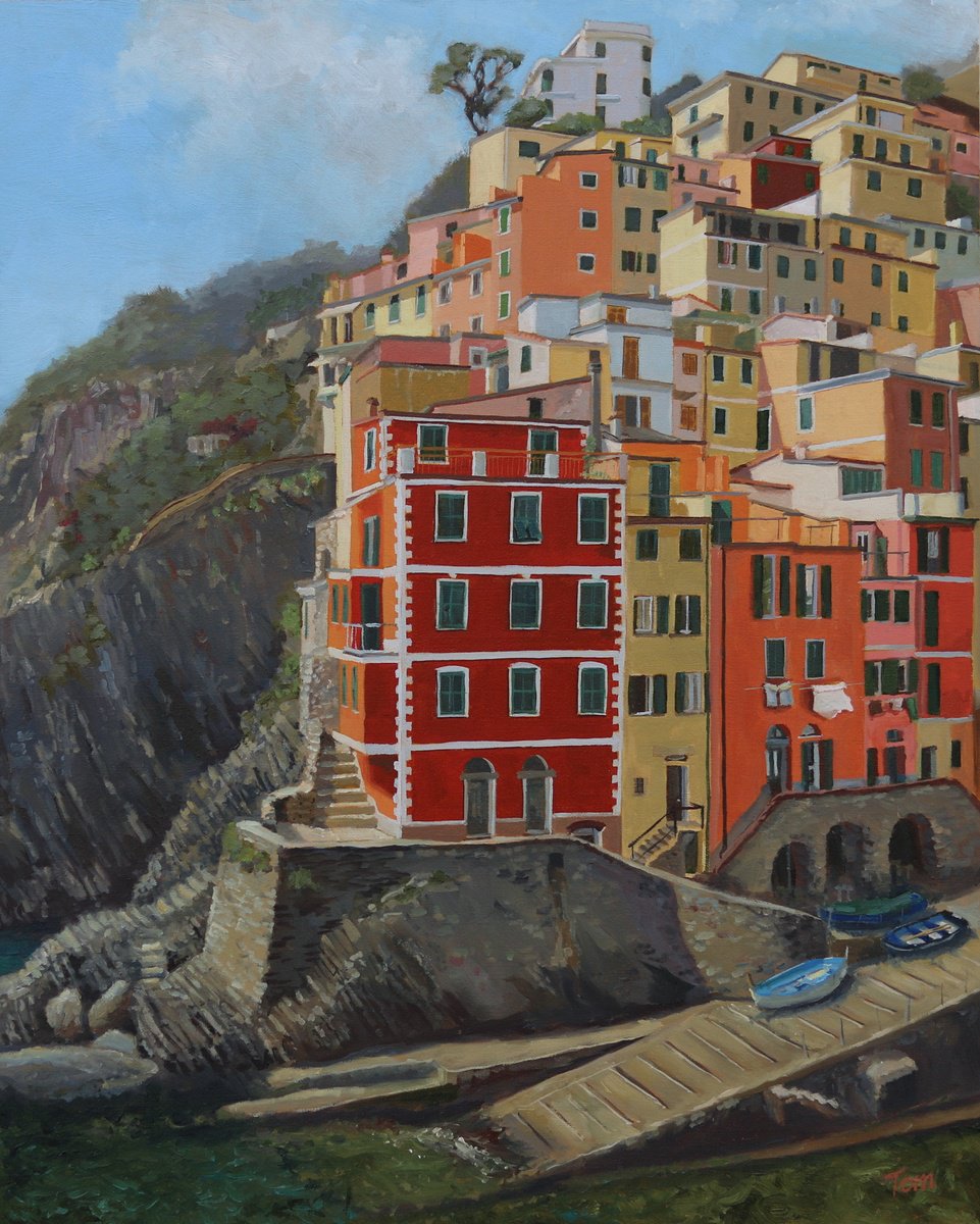 Cityscapes Oil Painting By Tom Clay, 16 X 20", Riomaggiore, Cinque Terre, Original Artwork