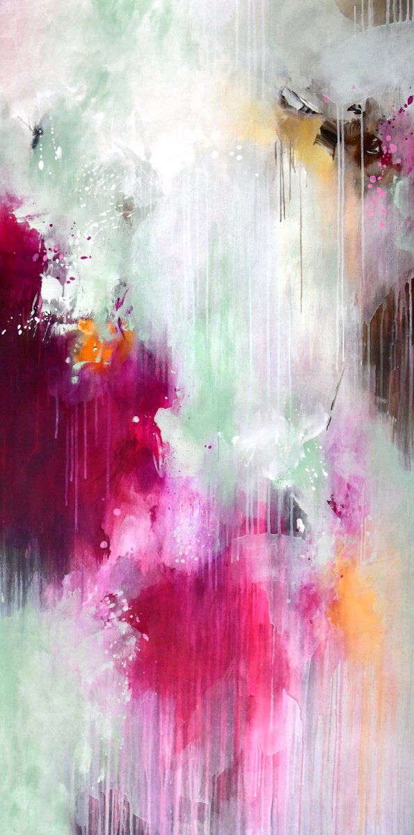 Abstract Acrylic Painting By Kirsten Handelmann, 33 X 63", In A Sunny Window, Original Artwork