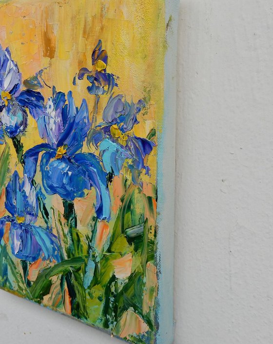 Irises, flowers. Impasto oil painting. Palette knife, heavy textured art