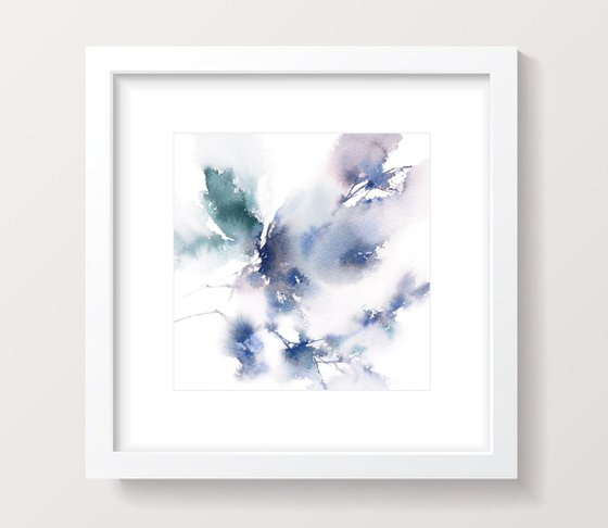 Blue abstract flower painting, small square art