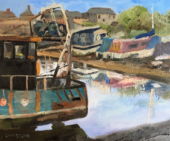 Boats at Queenborough Creek, an original oil painting.