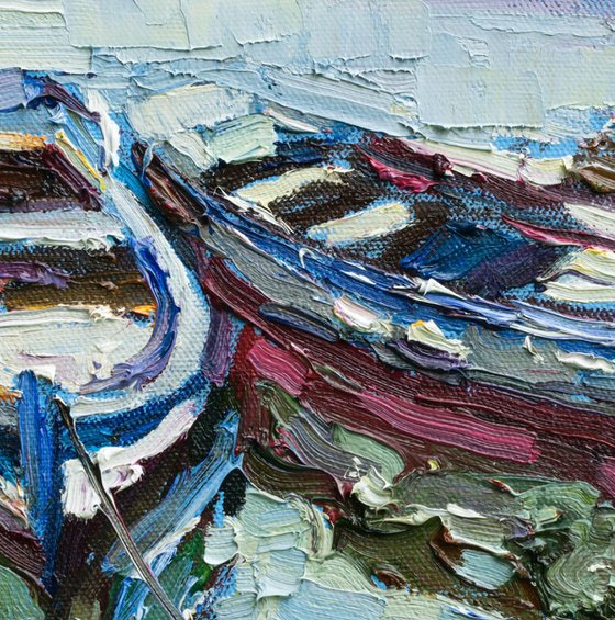 Moored rowing boats - Original oil seascape painting