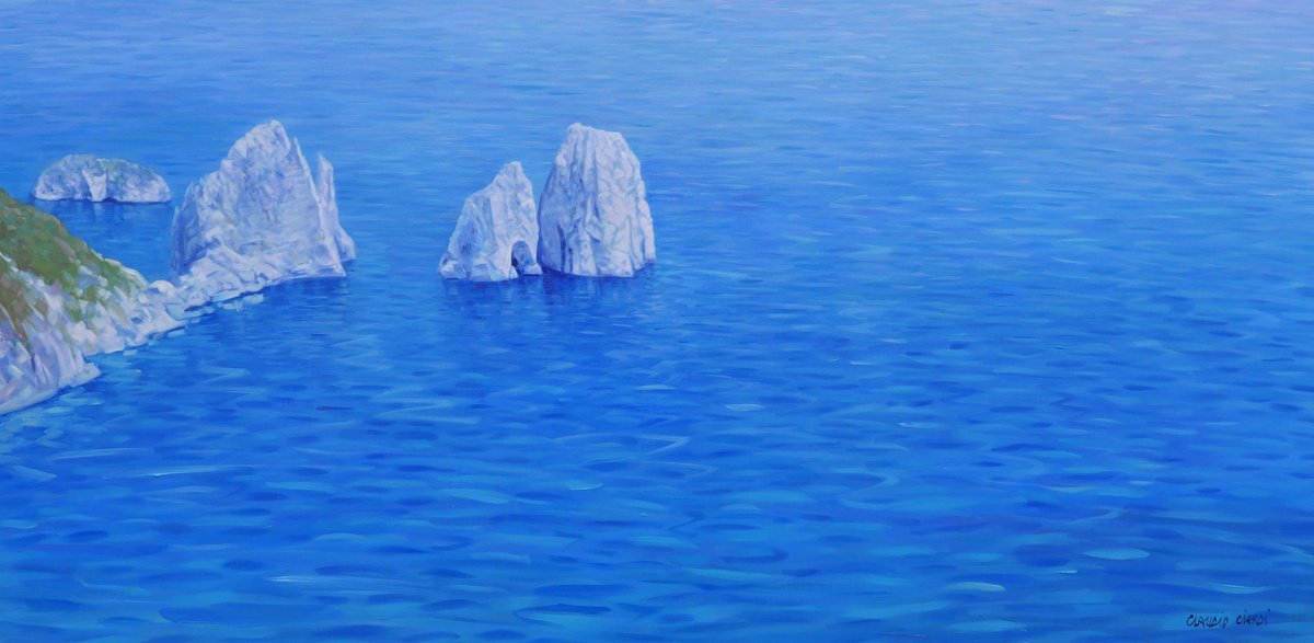 Impressionistic Landscape Oil Painting By Claudio Ciardi, 47 X 24, Capri The Faraglioni, Original Artwork