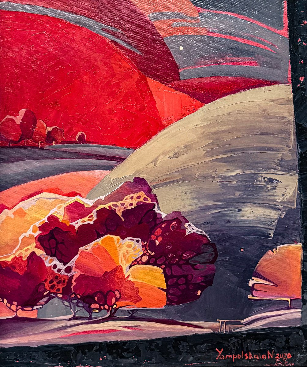 Abstract Landscape Oil Painting By Natalia Yampolskaia, 14 X 17", Twilight 3, Original Artwork