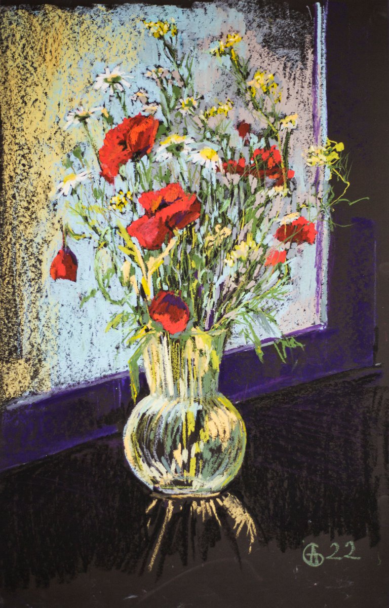 Summer bouquet with poppies and camomiles. Contrast interior still life with flowers on bl... by Sasha Romm