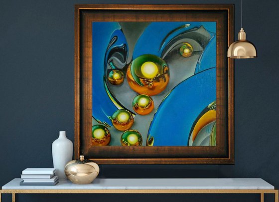 Abstraction Golden Spheres Blue Background Oil Painting Hyperrealism