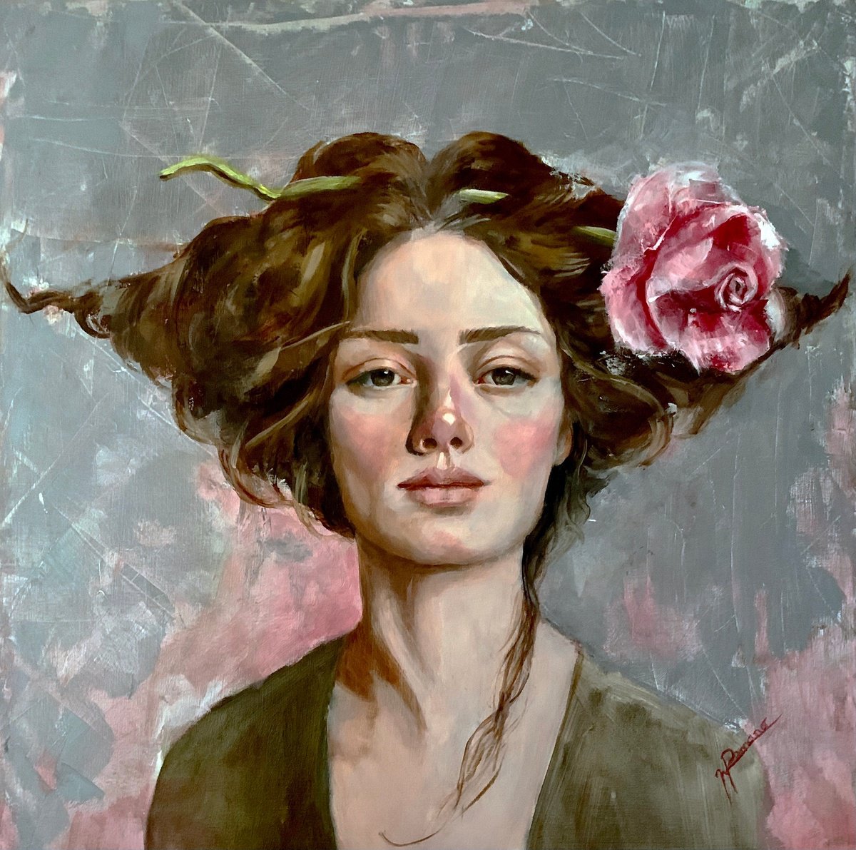 Expressive Portrait Oil Painting By Maria Romano, 20 X 20", Secret Bloom, Original Artwork