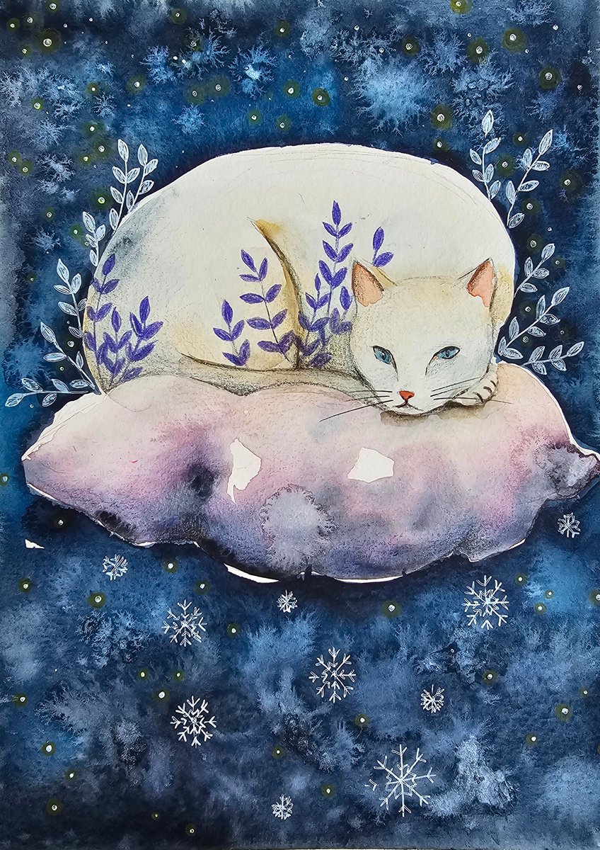Illustrative Animal Watercolour By Evgenia Smirnova, 8 X 12, Cat On The Cloud (Small), Original Artwork