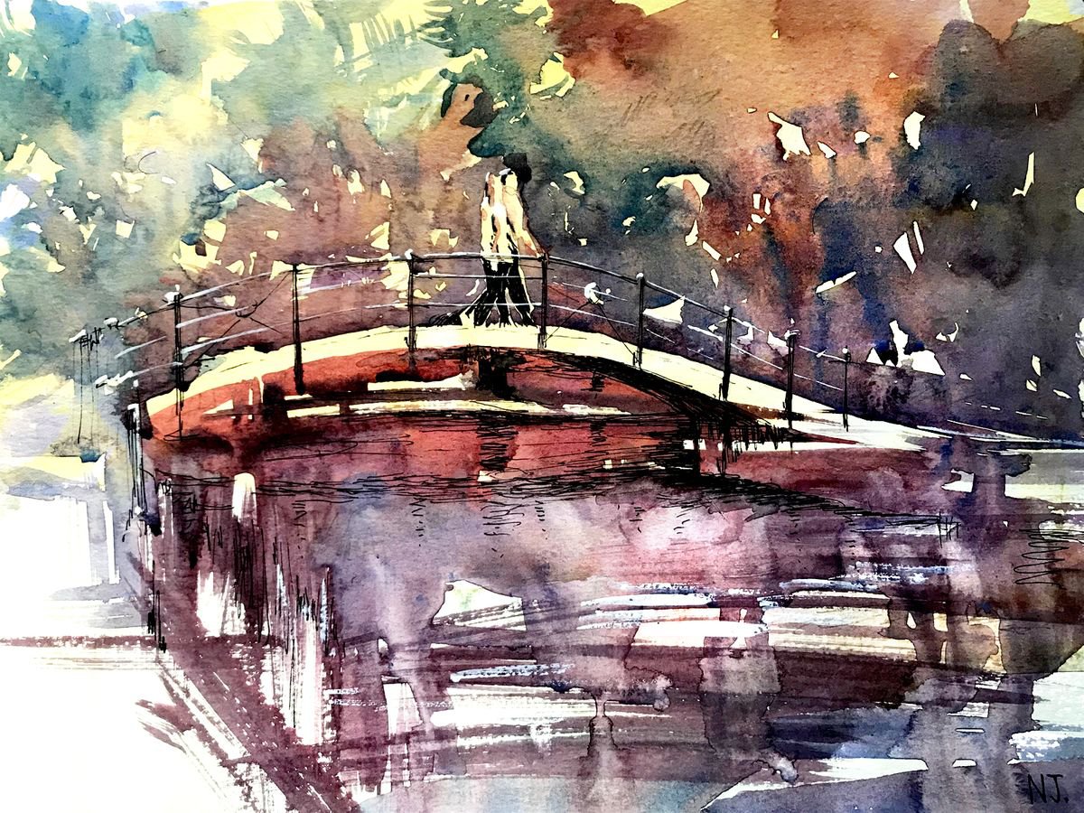 Paris Park - Promenade on the little bridge by NJ Paintings