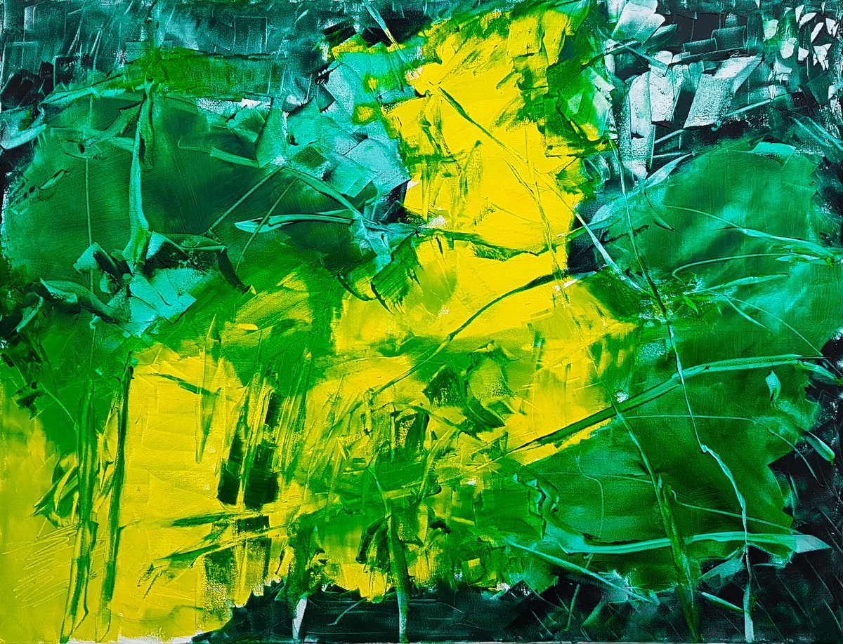 Abstract in yellow and green - Impasto Vivid colors Energy Vibrant lines Modern Texture Sp... by Fabienne Monestier