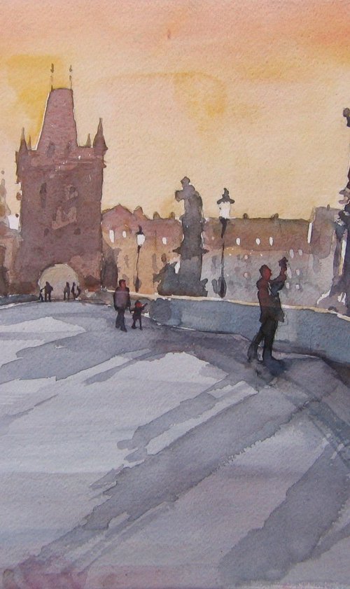 Golden Prague Charles bridge by Goran Žigolić Watercolors