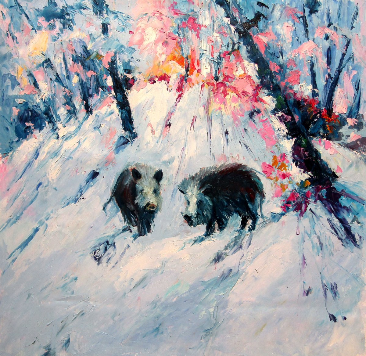 Boars in the snow /56 x 58 cm by Kovcs Anna Brigitta
