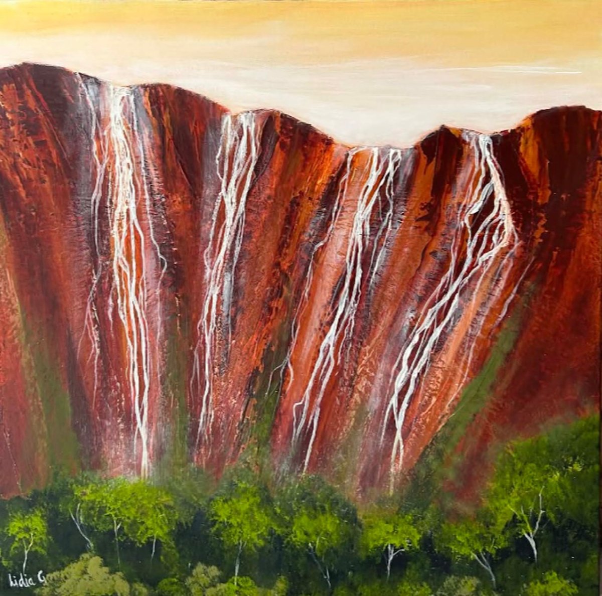 Impressionistic Landscape Acrylic Painting By Lidia Gaudiano, 30 X 30", Chasing Waterfalls, Original Artwork