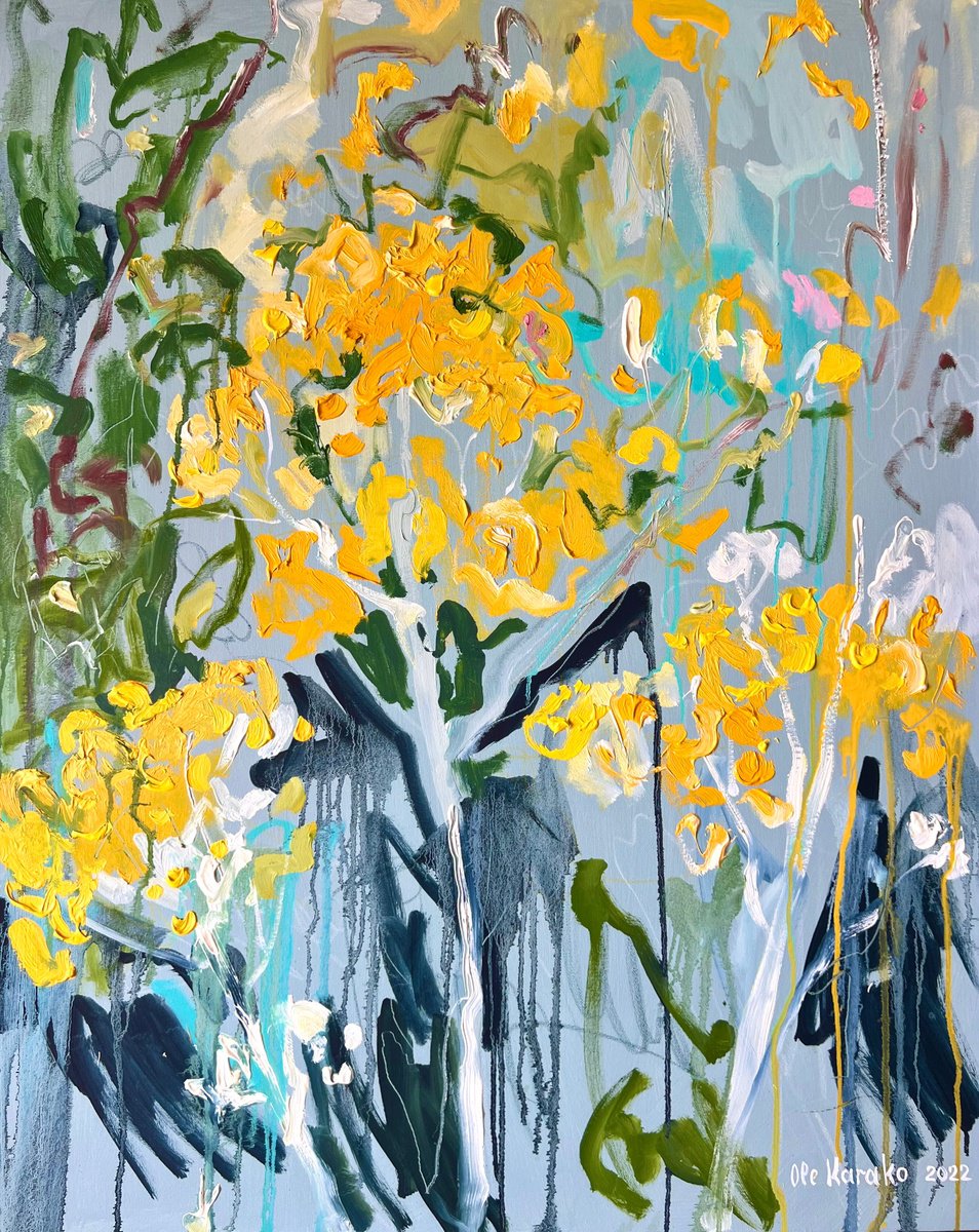 Expressive Botanical Oil Painting By Ole Karako, 31 X 39", Yellow Flowers, Original Artwork