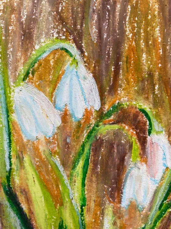 Snowdrops Original Oil Pastel Painting, Flower Hand Painted Card, Gifts for Her