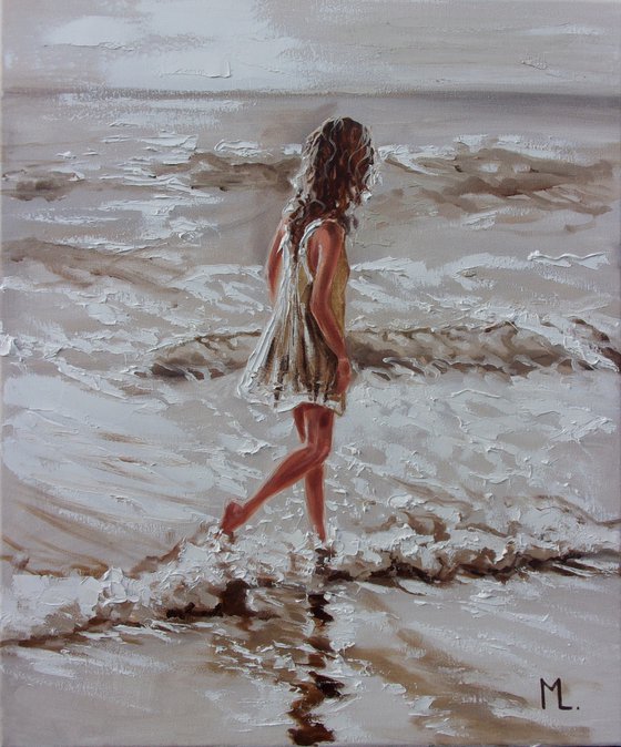 " A WALK ... " SUN SKY SEA SAND liGHt  ORIGINAL OIL PAINTING, GIFT, PALETTE KNIFE