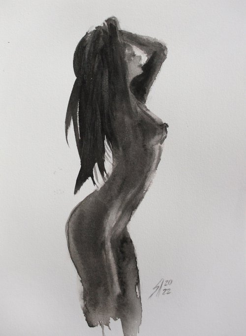 Silver... Nude Sketch III .12.  8x11"  /  ORIGINAL PAINTING by Salana Art Gallery