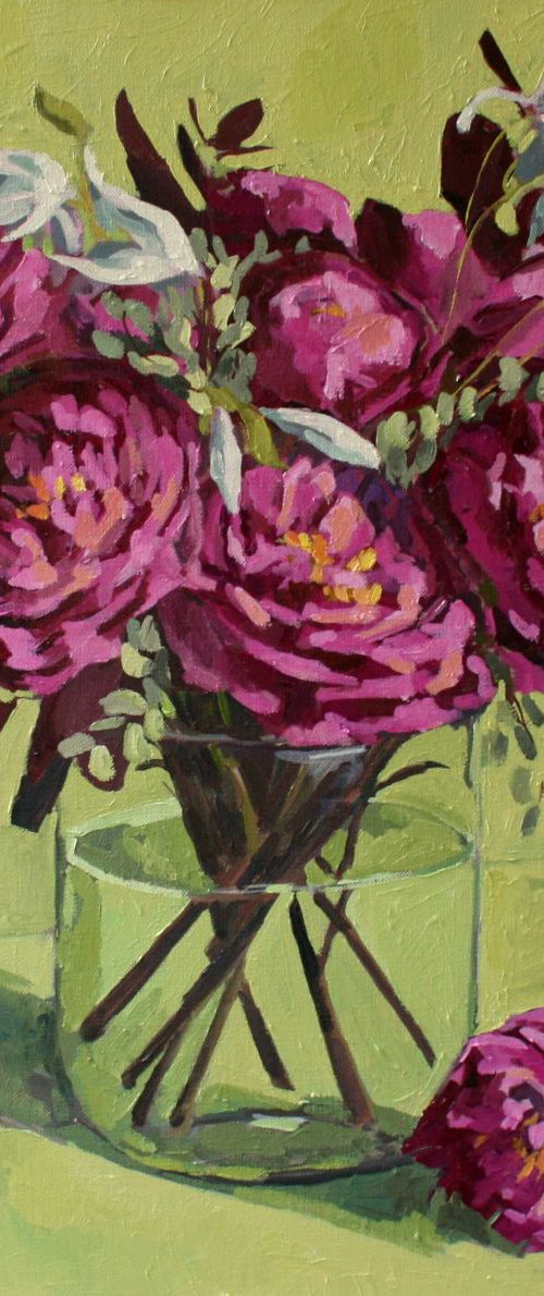 Dark pink peonies on green background by Katharine Rowe