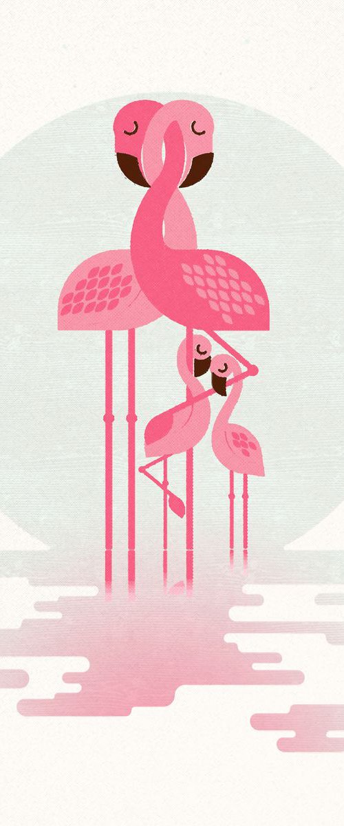 Flamingo and Two Chicks by Forty Winks Art