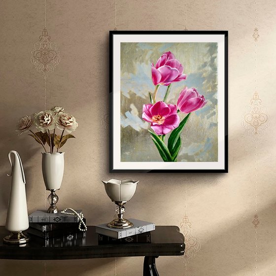Tulips on a silver background