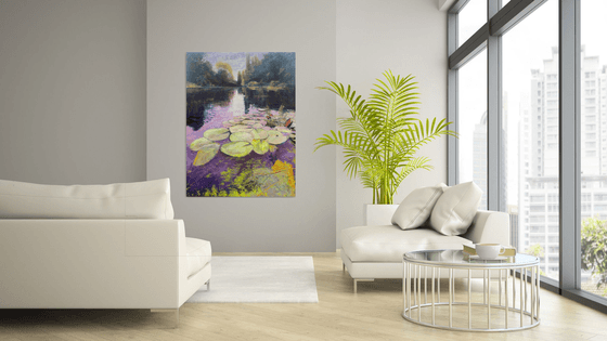 'Water Lilies III' Impressionistic Impasto Large Oil painting