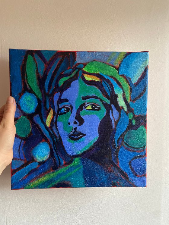 LAURA IN BLOOM - 30 x 30 cm acrylic painting, female portrait, abstract portrait, bright