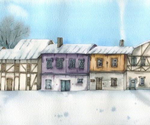 Medieval city. Winter cityscape. Original watercolor. by Evgeniya Mokeeva