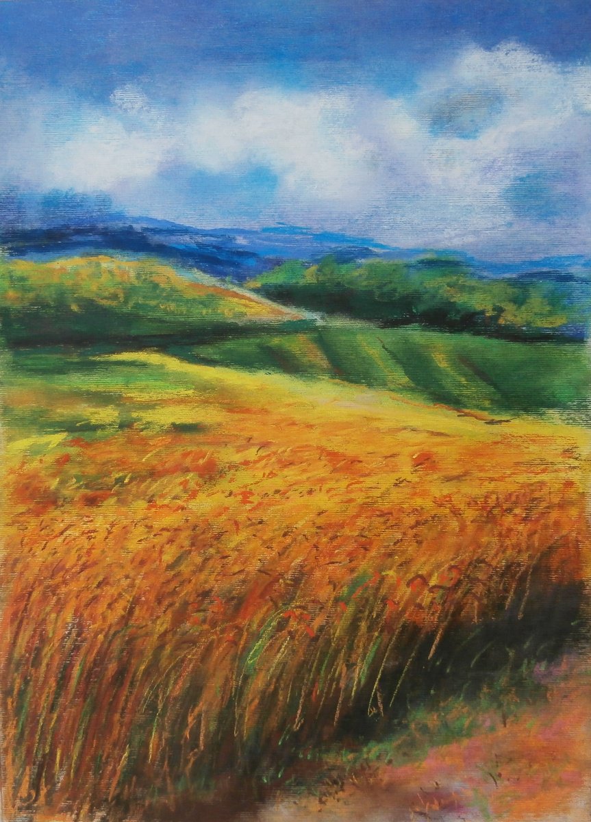Impressionistic Landscape Pastel Drawing By Zoran Mihajlovic Muza, 10 X 14", Wheat Field, Original Artwork