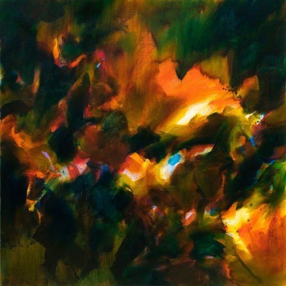 Nocturne abstract. Autumn time : red glowing embers in the fireplace - Orange and dark green